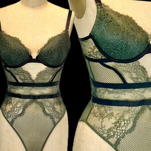 Forest green lingerie one piece teddy teddie sexy bodysuit strappy mesh lace y2k